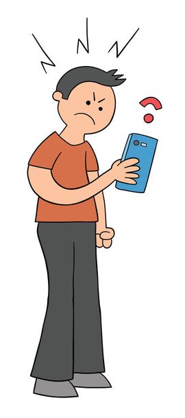 Cartoon wifi connection is very weak and man gets angry, vector illustration. Colored and black outlines. - Vector, Image