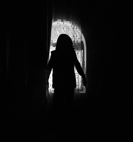 Silhouette d'une silhouette d'ombre inconnue sur une porte par une porte vitrée fermée. La silhouette d'un humain devant une fenêtre la nuit. Scène effrayante concept halloween de silhouette floue de maniaque. - Photo, image