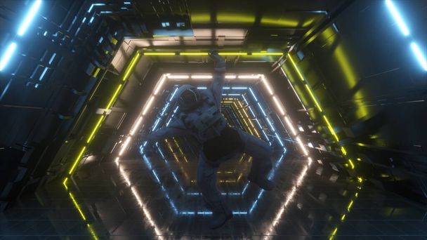 Astronauta a cair no corredor de uma nave espacial. Sci-Fi futurista túnel espacial VJ para títulos e fundo. Luz de néon. ilustração 3d - Foto, Imagem