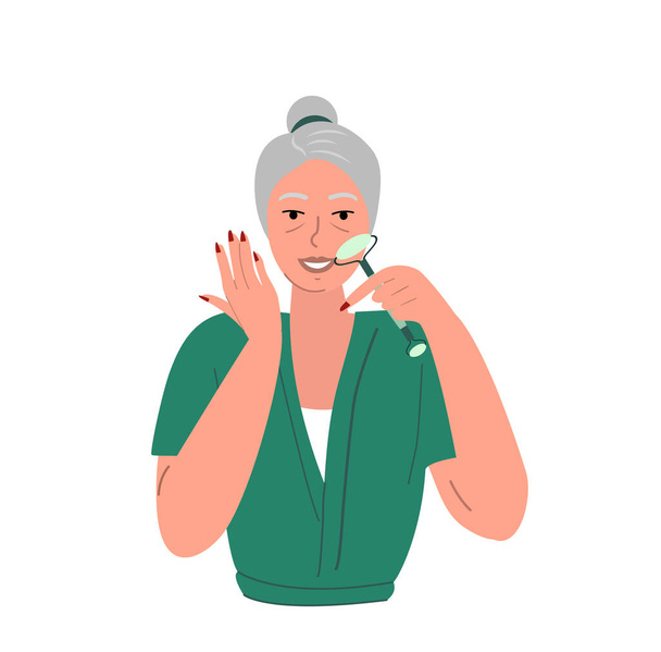 Vieille retraitée Belle femme détendue faire du yoga visage avec masseurs à rouleaux faciaux, auto massage, exercices rajeunissants.Lady massant son visage.Procédure de beauté, anti-vieillissement auto soins.Vector illustration plate - Vecteur, image
