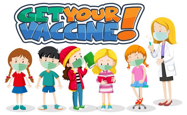 Get Your Vaccine font with many kids waiting in queue to get covid-19 vaccine illustration - Vector, Image