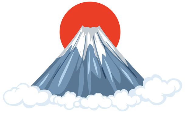 Monte Fuji con Sole Rosso in stile cartone animato isolato su sfondo bianco illustrazione - Vettoriali, immagini