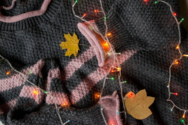 Γυναικείο πουλόβερ διακοσμημένο με φθινοπωρινά φύλλα. Υφασμάτινη μπλούζα. Εποχή ψύχους. - Φωτογραφία, εικόνα