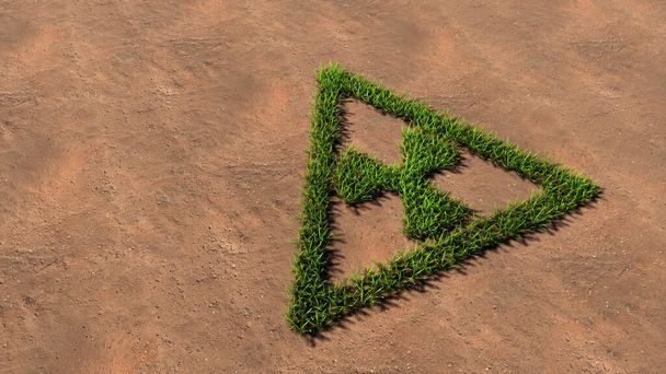 Концепция или концепция зеленой летней газонной травы символизирует форму на коричневом почвенном или земном фоне, икона ядерной опасности. 3d иллюстрационная метафора для предупреждения, атомной энергии, ионизирующей энергии и излучения - Фото, изображение