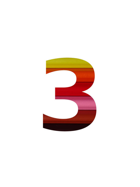 numero 3 dell'alfabeto fatto con matita colorata, in giallo, arancione, rosso, rosa, marrone - Foto, immagini