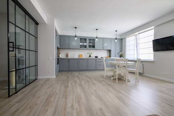Trendy grey and white modern kitchen furniture in studio apartment - Фото, изображение