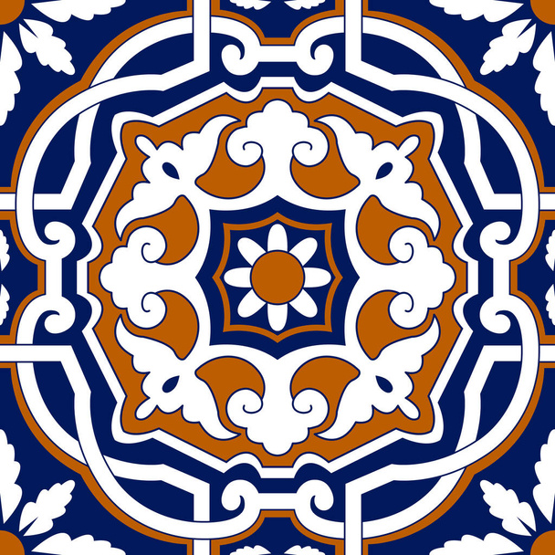 Talavera minta. Azulejos Portugál. Török dísz. Marokkói csempe mozaik. Spanyol porcelán. Kerámia evőeszközök, népi nyomtatás. Spanyol kerámia. Etnikai háttér. Mediterrán zökkenőmentes tapéta. - Vektor, kép