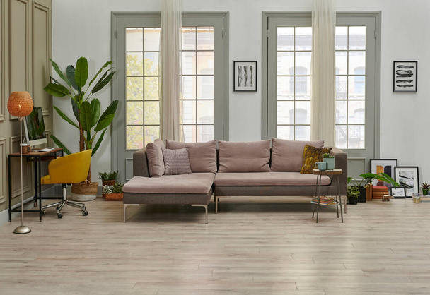 Сірий диван і робочий стіл стиль комп'ютера у вітальні перед вікном, подушковий килим і стиль завіси, зелений інтер'єр рослини
. - Фото, зображення