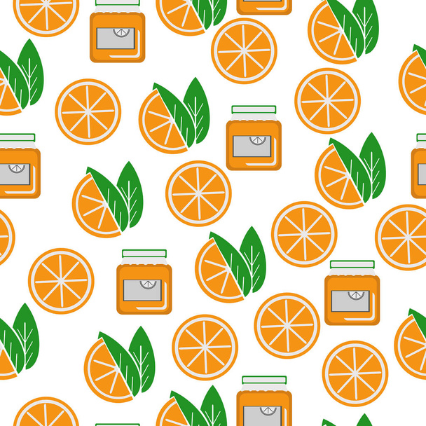 Patrón sin costuras de rodajas de naranjas y tarros de mermelada, jugosos cítricos sobre un fondo blanco vector ilustración - Vector, Imagen
