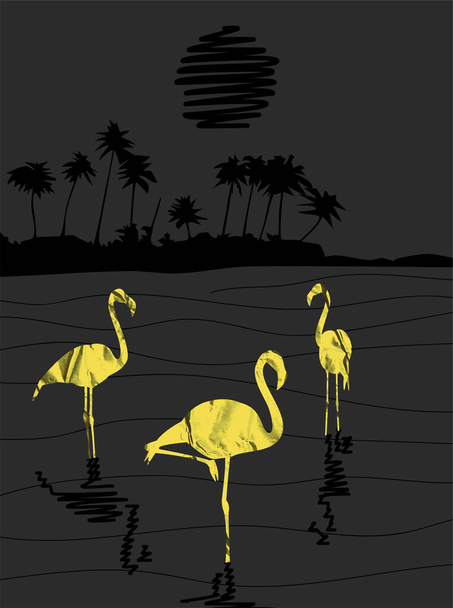 flamingo vogels goud papier silhouetten staande in het water in de nacht abstract landschap met zwarte maan en palmen zee vector illustratie - Vector, afbeelding