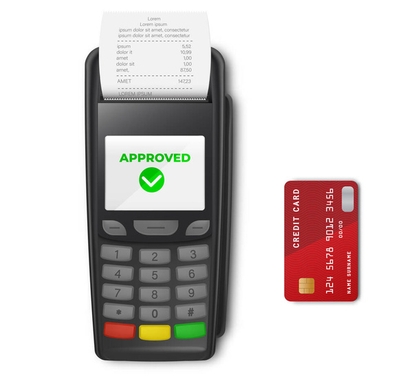 Processing NFC payments device POS terminal confirms the payment by debit credit card, invoice. NFC payments by card. Mockup. Top View - Vector, Image