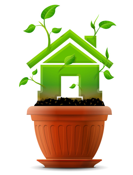 Crescendo símbolo de casa como planta com folhas em vaso de flores
 - Vetor, Imagem