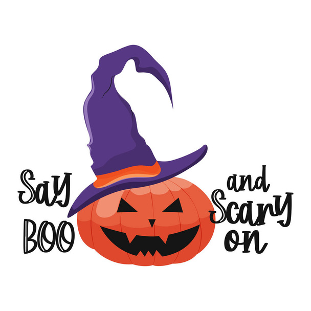 Happy halloween with cute pumpkin in witch hat. Vector illustration. - Vector, Imagen