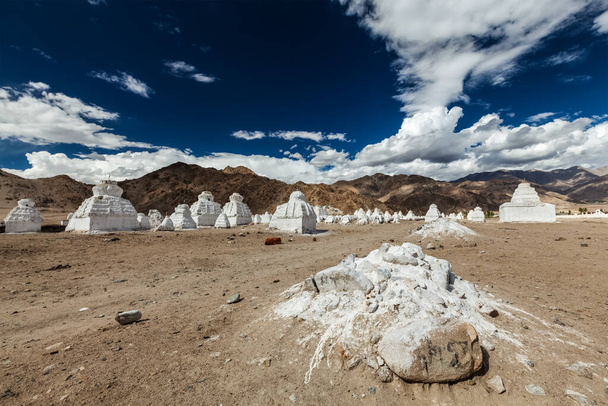 Whitewashed Buddhist chortens, Ladakh - 写真・画像