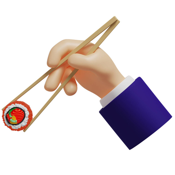 3D kéz kezében egy sushi tekercs bambusz rúd, uramaki, japán konyha, elszigetelt illusztráció fehér alapon, 3D-s renderelés - Fotó, kép