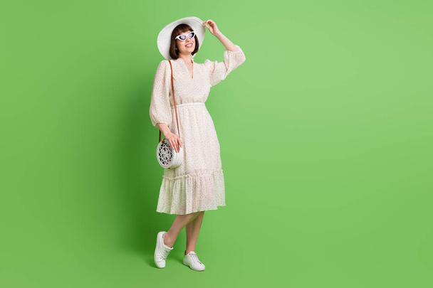 Full length body size photo woman smiling happy in sunglass wearing dress bag isolated pastel green color background - Fotografie, Obrázek