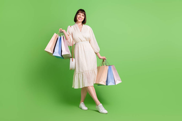 Full length body size photo woman wearing glamour outfit bag keeping bags shopping mall isolated pastel green color background - Fotografie, Obrázek