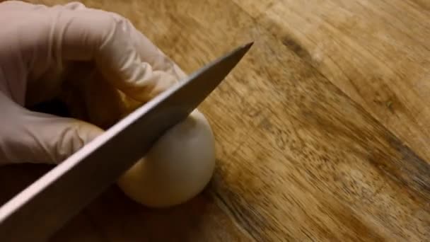 Le cuisinier a coupé l'oignon dans une atmosphère très agréable. 4k cinématographie vidéo recette - Séquence, vidéo
