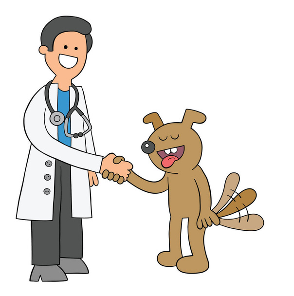 Veterinário de desenhos animados e cão se dão bem e apertam as mãos, ilustração vetorial. Desenhos coloridos e pretos. - Vetor, Imagem