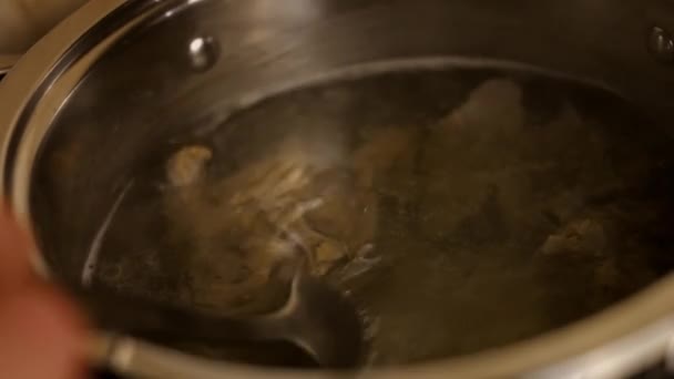Vierta la carne de res en agua hirviendo. 4k cinematografía video receta - Metraje, vídeo