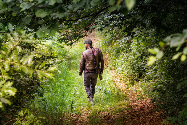 Metsästäjä seuraa metsäpolkua etsiessään peuraa - Valokuva, kuva