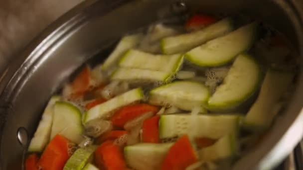 Haşlanmış sebze, havuç, balkabağı ve soğan. 4k görüntü görüntü tarifi - Video, Çekim
