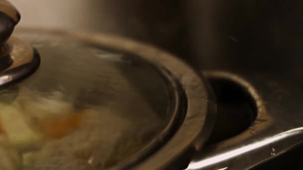 Hervir las verduras, zanahorias, calabaza y cebolla. 4k cinematografía video receta - Metraje, vídeo
