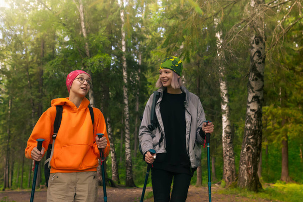 two teenage girls are hiking in the forest with nordic walking poles - 写真・画像