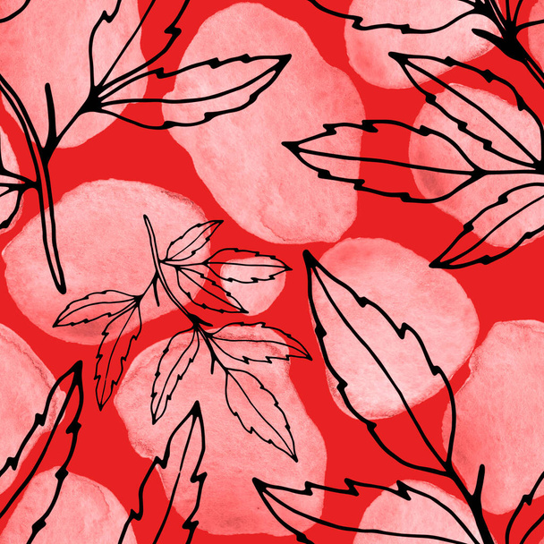 ラインアートの花や水彩の汚れに葉との創造的なシームレスなパターン。トレンディ抽象的な現代ヴィンテージ｜print. - 写真・画像