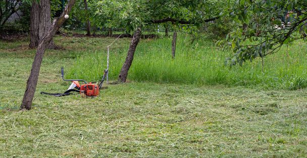 Çim biçme makinası ve çim biçme üzerinde koruyucu yüz maskesi. - Fotoğraf, Görsel