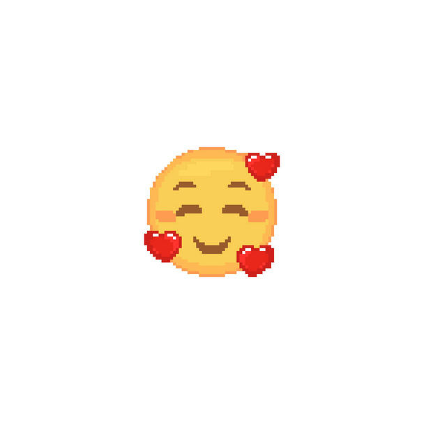 Pixel kunst harten rond gezicht emoticon. Retro pixel emoji van romantisch gespoeld geel gezicht in liefde. Leuke cartoon kawaii vector social media icoon. - Vector, afbeelding