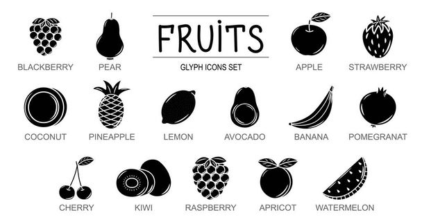 Vector glyph icons set of fruits and berries. Isolated black fruit silhouette on white background. - Vector, Image