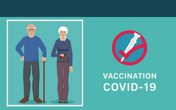 Ώρα για εμβόλιο. Corona Virus, Covid-19 έννοια ευαισθητοποίησης για τον εμβολιασμό. Εμβολιασμός γήρατος - Διάνυσμα, εικόνα