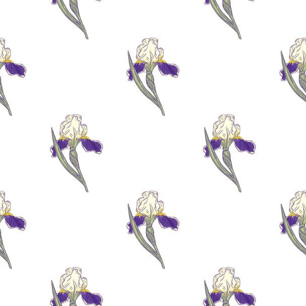 Decorative seamless pattern with isolated doodle purple iris flower shapes. White background. Simple print. Vector illustration for seasonal textile prints, fabric, banners, backdrops and wallpapers. - Вектор, зображення