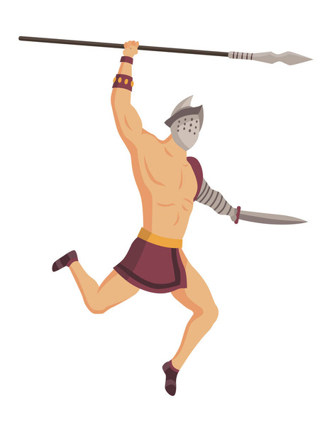 Gladiador romano antigo. Vector personagem guerreiro romano em armadura com lança e espada. Ilustração plana em estilo cartoon. Militante pronto para a batalha - Vetor, Imagem