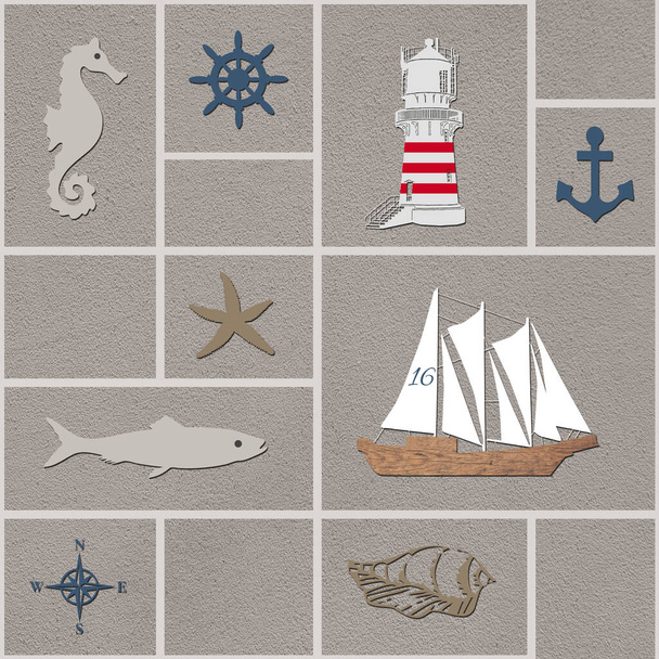 Ilustracja tematyczna z koniem morskim, żaglówka, koło żeglarskie, kotwica, latarnia morska, ryby, muszla morska, rozgwiazdy i dekoracja kompasu w prostokątach na grunge piaszczystym tle - Zdjęcie, obraz