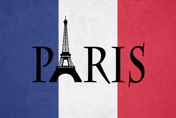 Paris Text Design Illustration mit Eiffelturm Dekoration auf Grunge Französisch Flagge Hintergrund - Foto, Bild