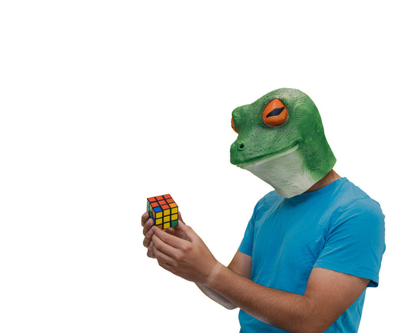 Людина з масками жаби на голові грає з барвистою головоломкою під назвою Куб Рубіка на білому тлі і копіює простір - Фото, зображення