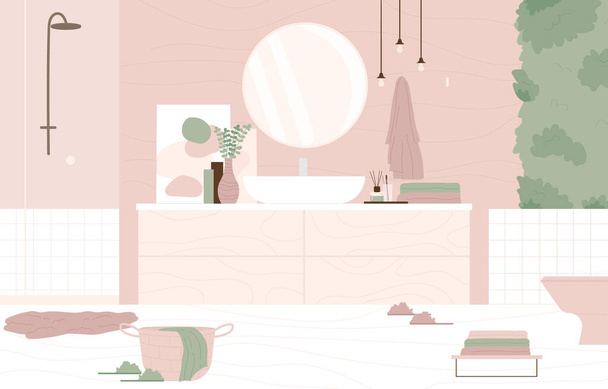 Moderno bagno rosa chiaro interior design con mobili e accessori per l'igiene. Illustrazione interna del vettore del fumetto piano. - Vettoriali, immagini