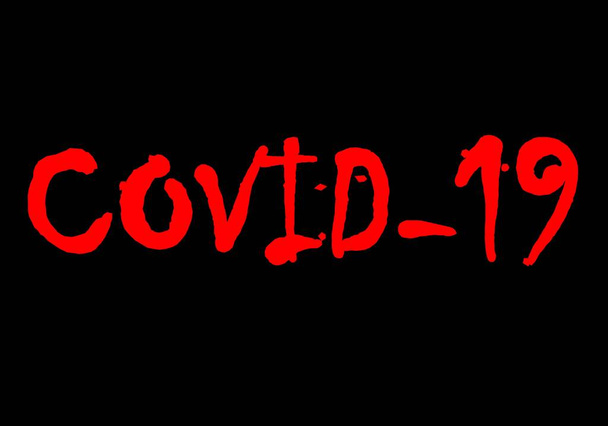 Assine ou texto com a palavra Covid-19 em vermelho sobre um fundo preto - Vetor, Imagem