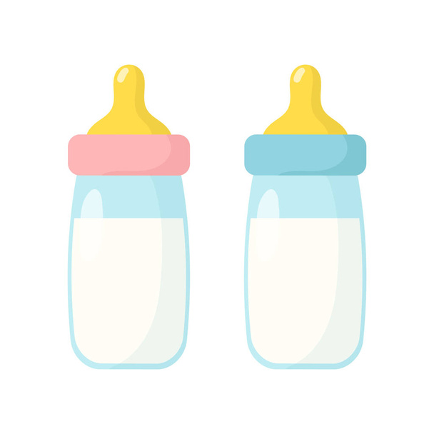 Pink and blue baby bottles isolated on white background. Vector illustration - Vector, Image