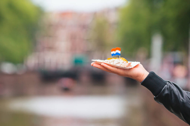 アムステルダムの水路の背景にタマネギとネザーランドの旗でおいしい新鮮なニシン。伝統的なオランダ料理 - 写真・画像