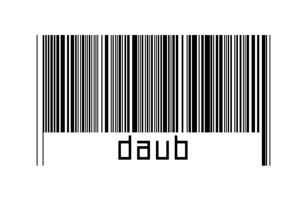 Barcode σε λευκό φόντο με επιγραφή daub παρακάτω. Έννοια του εμπορίου και της παγκοσμιοποίησης - Φωτογραφία, εικόνα