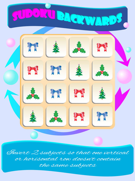 Sudoku BACKWARDS voor kinderen met kleurrijke vakantie symbolen. Spel voor kleuters, trainingslogica - Vector, afbeelding
