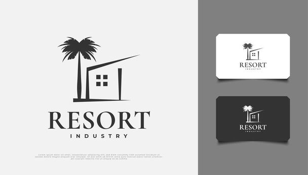 Ev ve Palmiye Ağacı Logosu Minimalist Tarzı Tasarımı, Tatil, Seyahat, Kalacak Yer veya Turizm Endüstrisi İçin Uygun - Vektör, Görsel