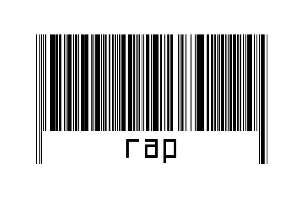 Código de barras sobre fundo branco com inscrição rap abaixo. Conceito de comércio e globalização - Foto, Imagem