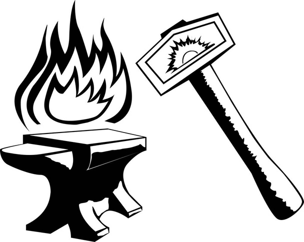 ασπρόμαυρη απεικόνιση που απεικονίζει ένα σφυρί και ένα αμόνι και μια στυλιζαρισμένη φλόγα ως σύμβολο της σιδηρουργίας - Διάνυσμα, εικόνα