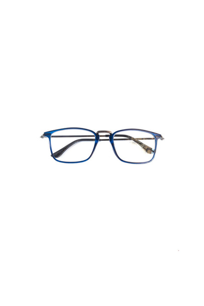 izolační brýle na bílém pozadí. modrý hranatý rám brýlí. čtvercový rám brýlí na fotografii shora na bílém pozadí - Fotografie, Obrázek