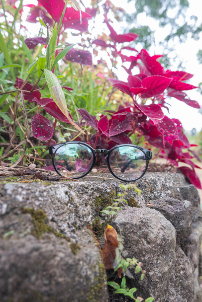 черные круглые очки рамы на камне. овальные рамки для очков на фото сверху с естественным ландшафтом - Фото, изображение