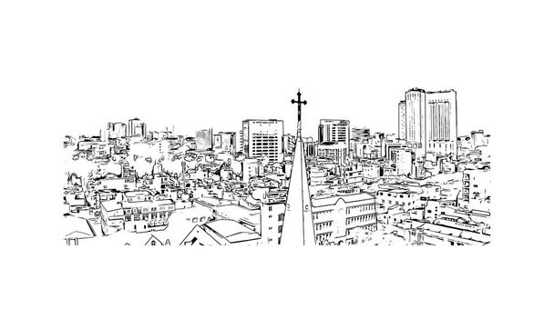 Print Вид на достопримечательность города Хошимин во Вьетнаме. Ручной рисунок в векторе. - Вектор,изображение